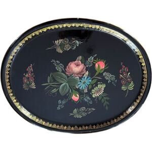 Vintage 1940s Hand Painted Floral Toleware Tray Black Gold Oval 18x20"